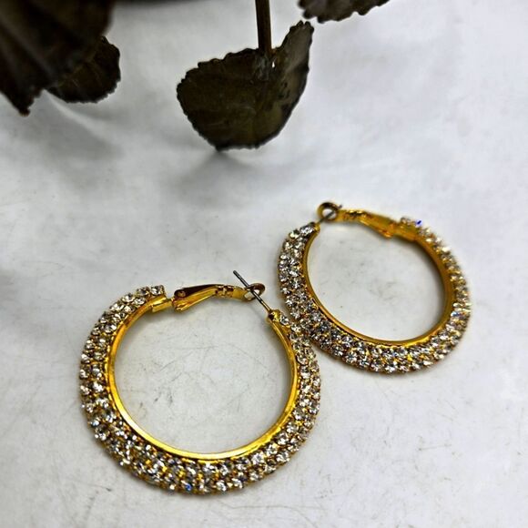 "5/$25" Gold Tone Pave Rhinestone Bling Hoop Earrings - Picture 1 of 7